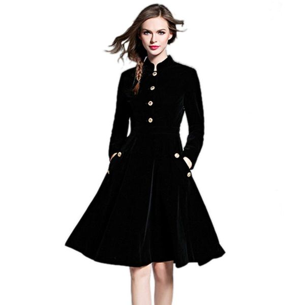 

casual dresses runway 2021 autumn winter women velvet dreses long sleeve stand neck button pockets party vestidos robe femme, Black;gray