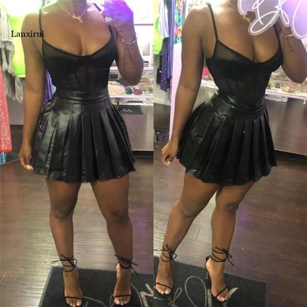 

black leather women's skirt summer pu pleated high-waisted chic a-line club lady skirts femme short