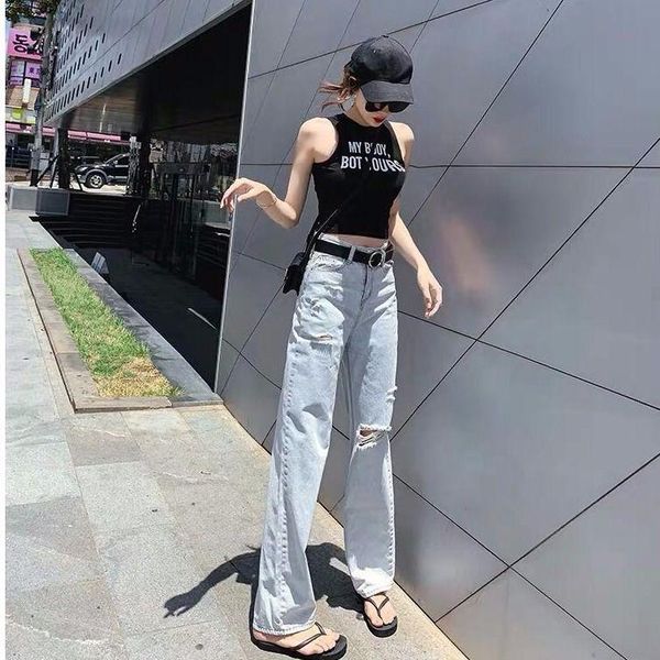 

summer ladies light-colored wide-leg highwaist ripped jeans were thin and versatile loose straight trousers women's, Blue