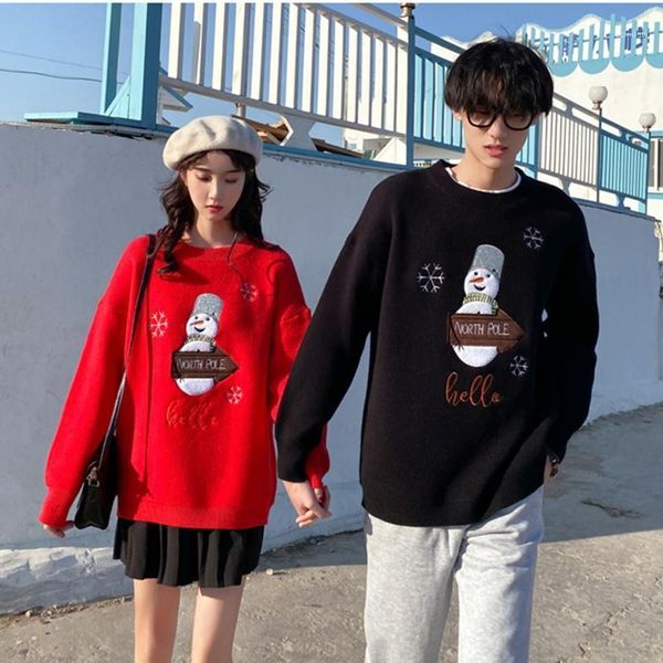 

women's sweaters couple outfit autumn winter christmas snowman loose wild hood lazy knit sweater for 2021, White;black