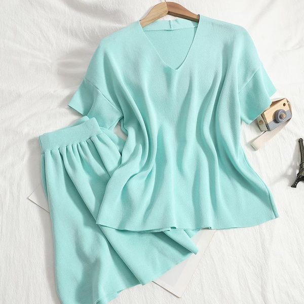 

women's tracksuits knitted two piece sets summer v-neck solid color casual with loose wide-leg shorts two-piece suit women, Gray