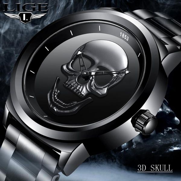 

wristwatches men skull watch lige 2021 luxury brand quartz stainless steel sport waterproof clock relogio masculino, Slivery;brown
