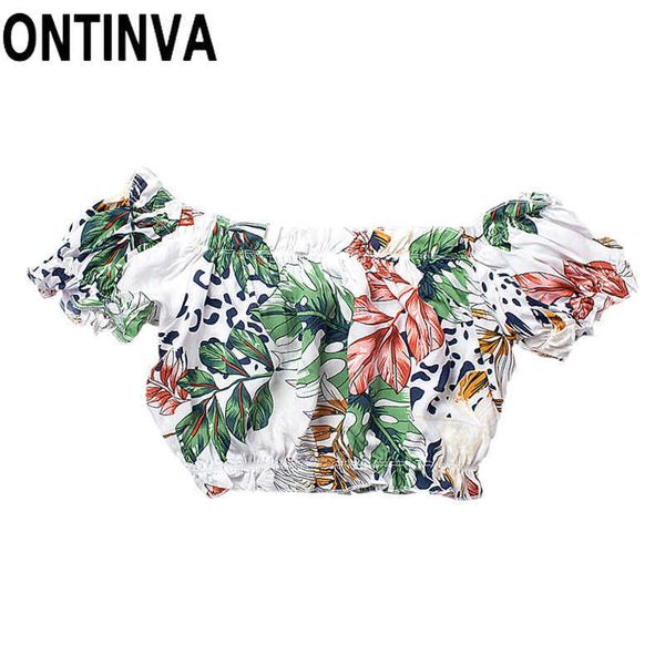 

white cotton print floral crop womens summer girls beach holiday off shoulder ruffles bustier tshirts camisoles 210527