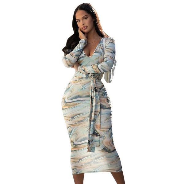 

casual dresses elegant autumn women midi dress full sleeve v-neck lace up print package hip 2021 party club streetwear, Black;gray