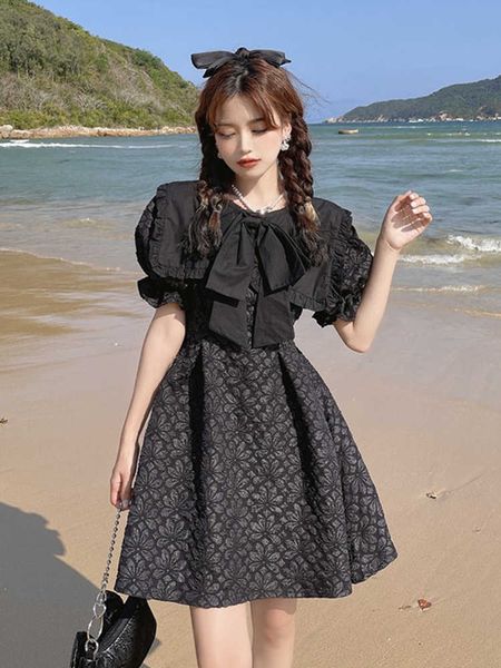 

summer clothing vintage black o neck puff short sleeve jacquard dress women mini bow loose vestido feminino high waist street 210610, Black;gray