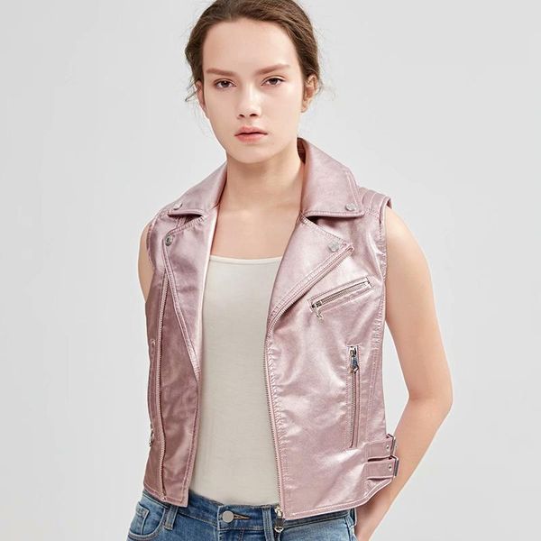 

women's vests chic pink waistcoat women 2021 autumn vest faux leather ladies slim short jackets girls stylish colete feminino, Black;white