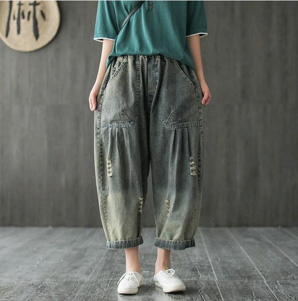 

women's jeans summer women retro ripped vintage washed bleached loose pockets elastic waist female full-length harem pants, Blue