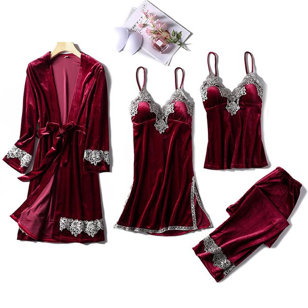 

fiklyc underwear womens winter velvet four pieces pajamas sets warm style female luxury nightwear pyjamas home cloth, Black;red