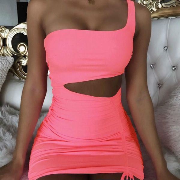 

casual dresses ruched summer women mini bodycon bandage dress lace up club hollow out backless one shoulder black party lady g1609, Black;gray