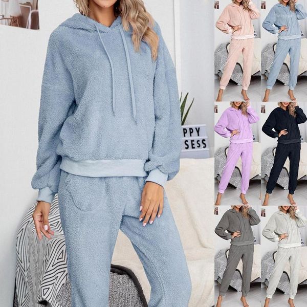 

women's tracksuits women autumn plush fluffy sweatshirt hoodie long pant trouser homewear outfit, Gray