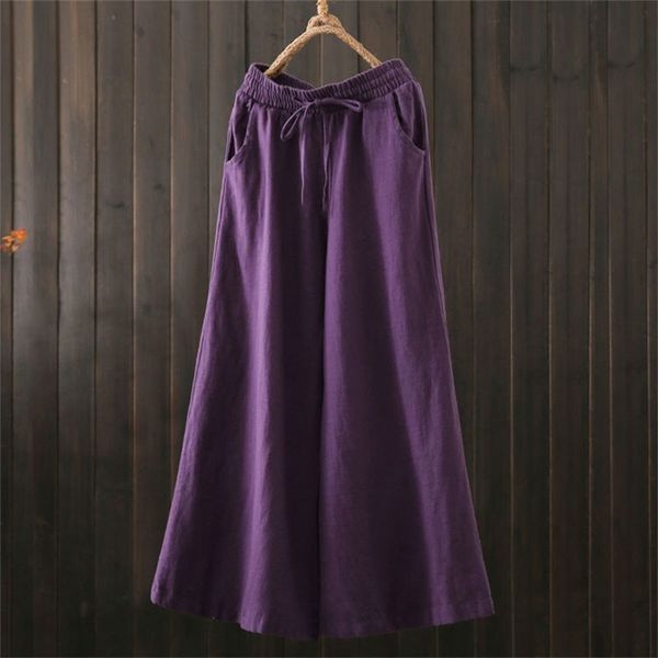 

arrival spring arts style women elastic waist loose cotton linen pants femme trousers vintage purple wide leg v304 210512, Black;white