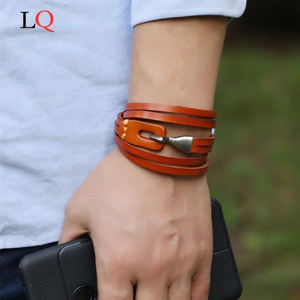 

charm bracelets black retro wrap long leather bracelet men bangles fashion sproty chain link male with 6 lap for women, Golden;silver