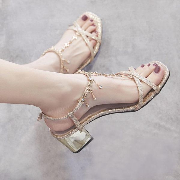 

sandals crystal string beads 2021 summer women fairy fashion thick heel roman seaside vacation beach shoes, Black