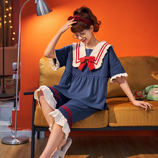 

2021 pajamas new ladies spring and summer seasons pure cotton nightdress trousers pajamas sweet bow pajamas set/night sleepwear, Black;red