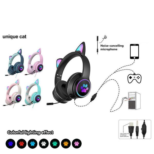 

product wired cat ear headset pluggable noise reduction dual mic virtual 7.1 channel led lighting cute girl gaming headsetne headphones & ea