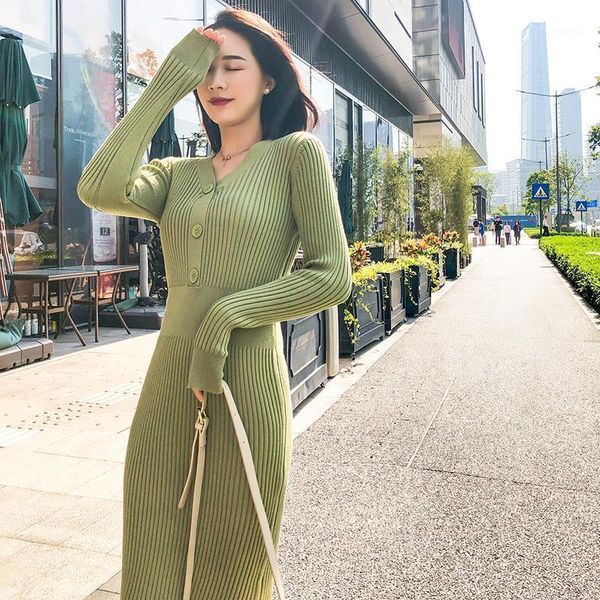 

fall v-neck knitted dress for women autumn winter long sweater over the knee dresses vestido de mujer casual, Black;gray