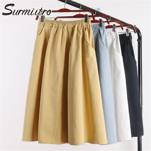 Surmiitro 100% хлопок MIDI летняя юбка женская мода корейский карманный карман A-Line Sun школьница черная белая высокая талия юбка женщина 210712