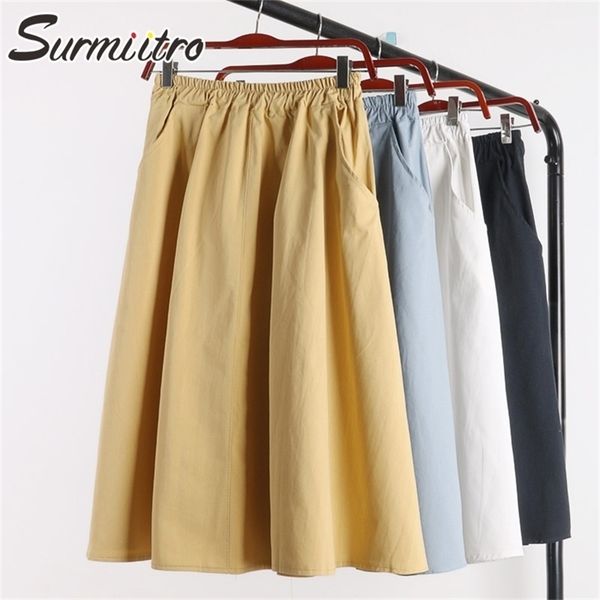 

surmiitro 100% cotton midi summer skirt women fashion korean pocket a-line sun school black white high waist skirt female 210712