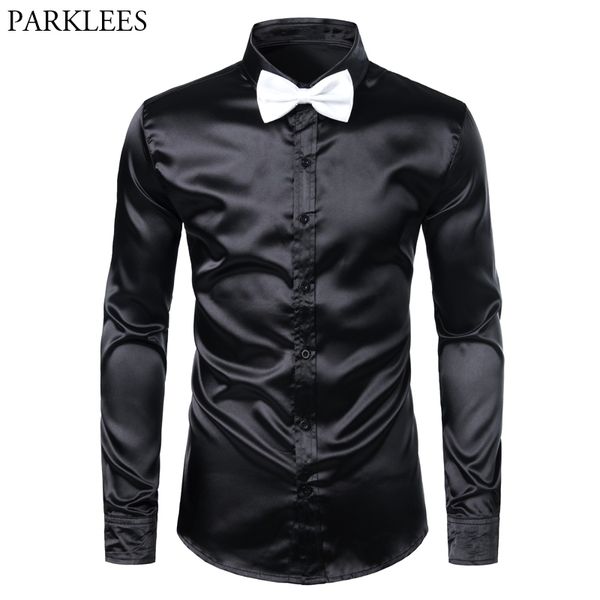 Camisa preta do vestido de seda do cetim com laço branco Laço magro Fit manga longa mens vestido camisas do festa do clube masculino tuxedo camisa 3xl 210522