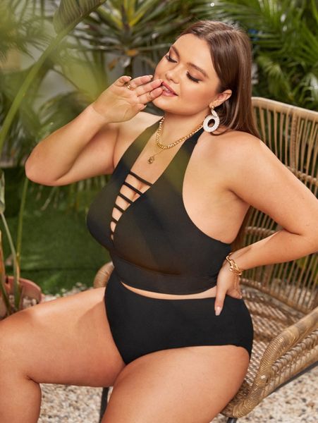

plus ladder cut-out halter bikini swimsuit a60l#, Black