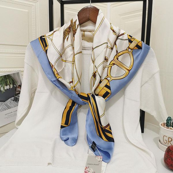 

scarves designer brand chain stripe pattern women scarf fashion print silk square small handkerchief 9090cm hair scarfs, Blue;gray