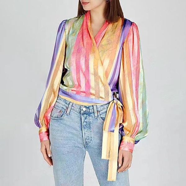 

women's blouses & shirts rainbow striped lantern long sleeve v-neck side lace-up bow women fashion lady size s-l, White