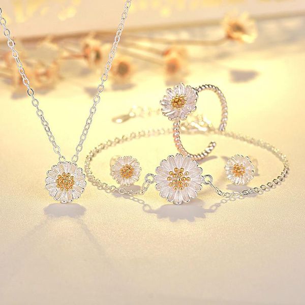 

earrings & necklace fashion small daisy bracelet ring set korean version wild fresh sunflower jewelry gift wholesale, Silver