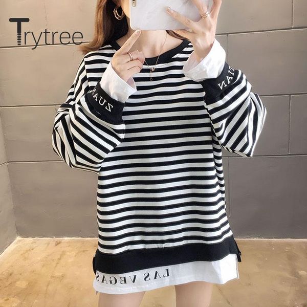 

women's hoodies & sweatshirts trytree 2021 autumn winter woman casual sweatshirt o-neck stripe loose letter fake two pieces all-purpose, Black