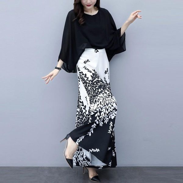 

two piece dress 2021 fashion elegant office ladies work wear wide leg pant suits 2 set women black blouse floral skirt pants, White