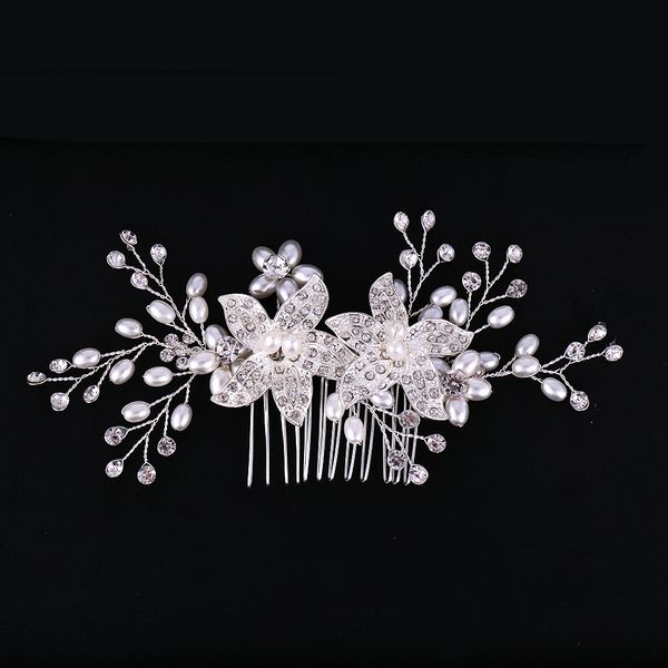 

trendy silver color flower pearl bridal hair combs wedding hair accessories headpiece hair ornaments bride women jewelrydio chan contac, White;golden