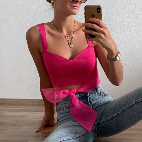 

womens tanks pink backless knitted short blouse shirt women v neck bow slim sling summer holiday, White