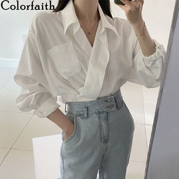 

colorfaith new women autumn winter blouses shirts bat sleeve overszie vintage pockets striped office lady wild bl7592 210413, White
