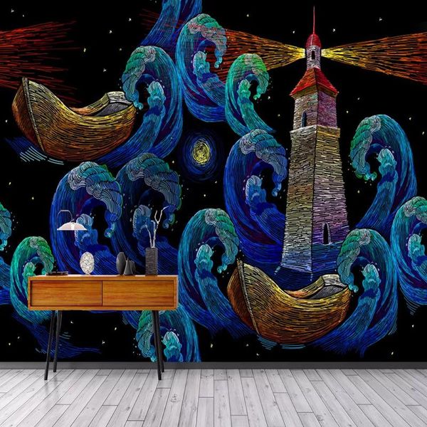 

po wallpaper european style retro cartoon line sailing boat lighthouse abstract art murals kids bedroom waterproof 3d sticker wallpapers