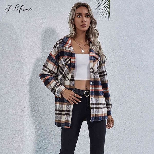 

autumn winter shirt women fashion new loose casual ladies plaid checked button up turn-down collared and bloues jacket 210415, White