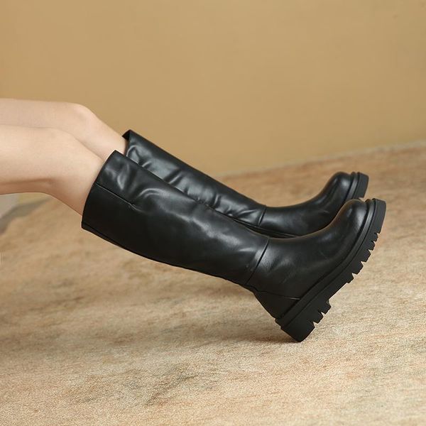 

boots women's high fashion genuine leather women 2021 autumn winter round toe thick heel knee-high shoes zipper, Black
