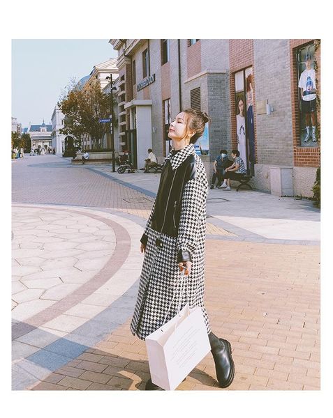 

women's wool & blends fashion black white lattice splicing woolen coat autumn winter long sleeve mid-length jacket female warm temperam