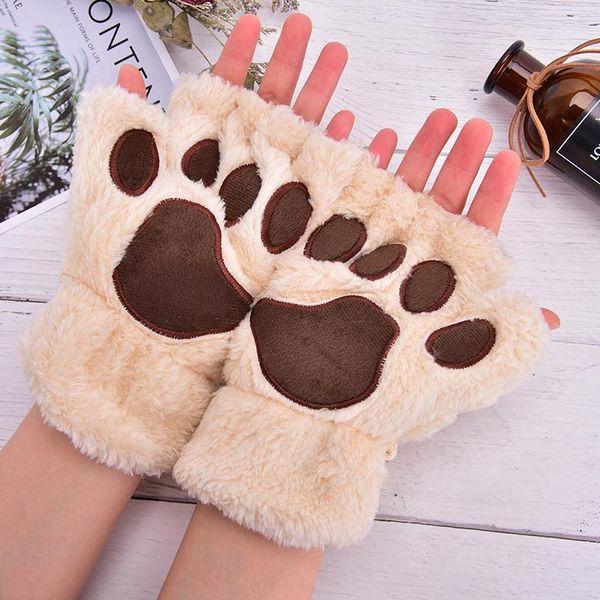 

five fingers gloves soft plush short fingerless fluffy bear cat costume half finger black beige women cute claw mittens warm, Blue;gray