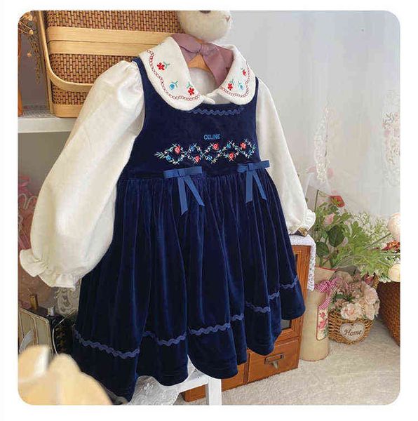 Bambina autunno autunno inverno blu navy piccolo fiore ricamo principessa abito per party casual vintage inghilterra spagnolo turco G1218