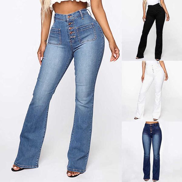 

oeak fashion high waist denim pants for women casual ladies pockets jeans spring long blue trouser mujer plus 210927