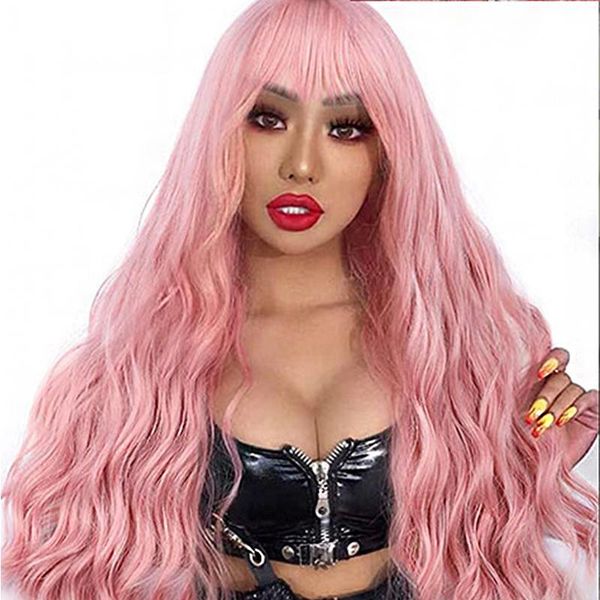 

synthetic lace front wig long pink lolita with bangs wigs curly body water wave frontal colorful glueless cosplay hair, Black