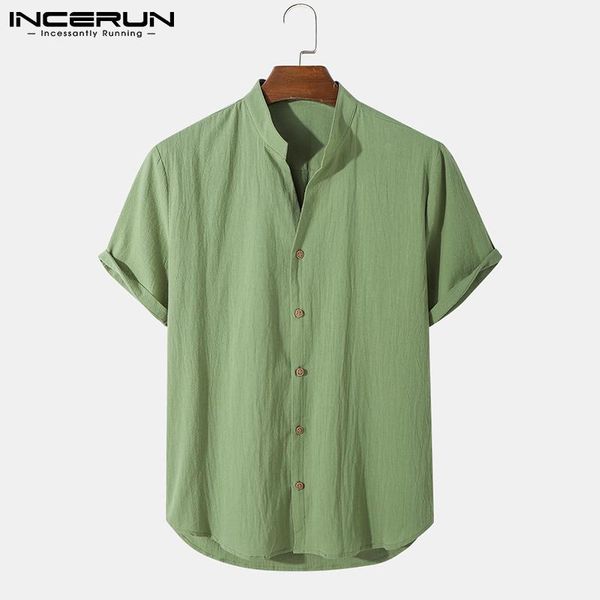 

men's casual shirts incerun 2021 handsome button camisa all-match simple soild cotton linen stand-collar short-sleeved shirt s-3xl, White;black