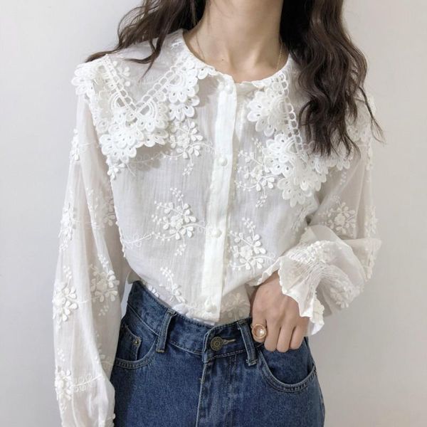 

women arrival spring basic chiffon blouse shirts ladies lace solid long sleeve casual embroidery plus size women's blouses &, White
