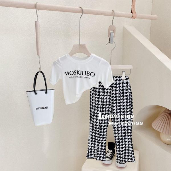 

girls summer children's clothing 2021 korean letter print short-sleeved high-waist flared pants two-piece suit sets, White