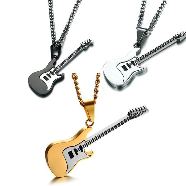

stainless steel guitar necklaces for men women music lover gifts black gold blue silver color pendant link chain necklace fashion hip hop ro