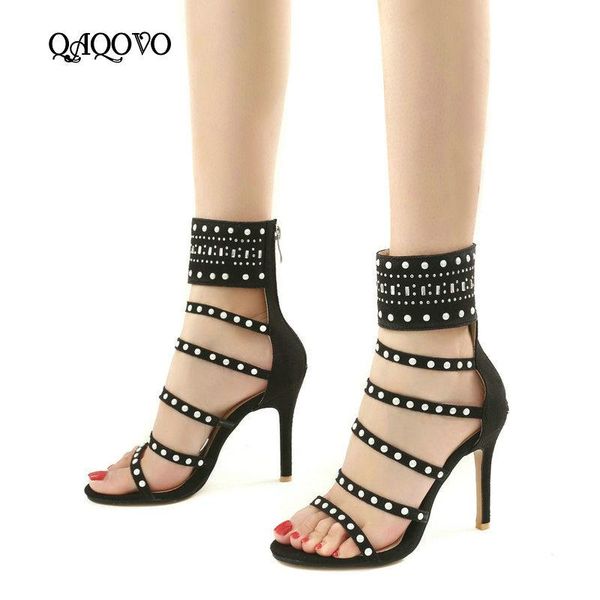 

women summer shoes gladiator high heels sandals fashion crystal super heel zipper ladies party big size 43, Black