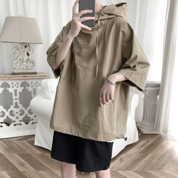 

hoodies summer hooded t-shirt men's fashion casual short-sleeved t shirt men streetwear korean loose hip-hop tshirt mens s-xl, Black