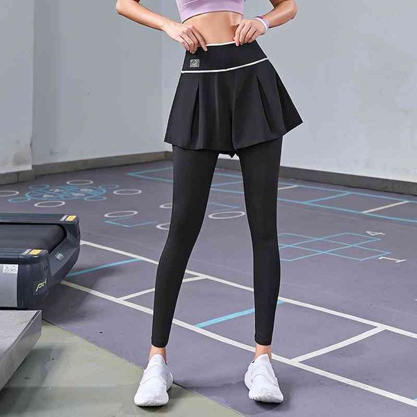 

sports female fake two-piece high waist slimming fitness autumn quick-drying outer wear running tight yoga pants, Black;white