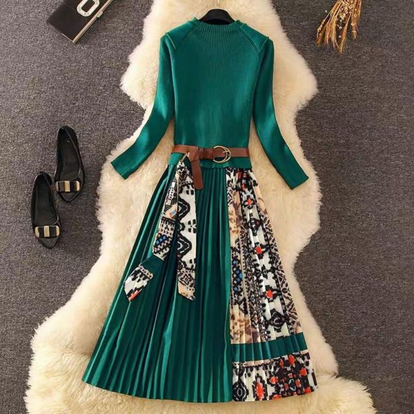 

autumn winter women long sleeve knitted vintage print patchwork pleated dress elegant party dresses with belt casual, Black;gray
