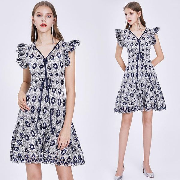 

party dresses simgent hollow out dress women petal sleeve v-neck embroidery crochet lace mini vintage robe dentelle vestidos sg06191, White;black