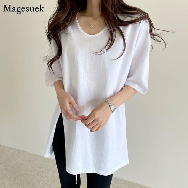 

korean chic casual cotton white loose t-shirt women 2021 summer short sleeve woman tshirts split plus size solid tee shirt 13641 women'